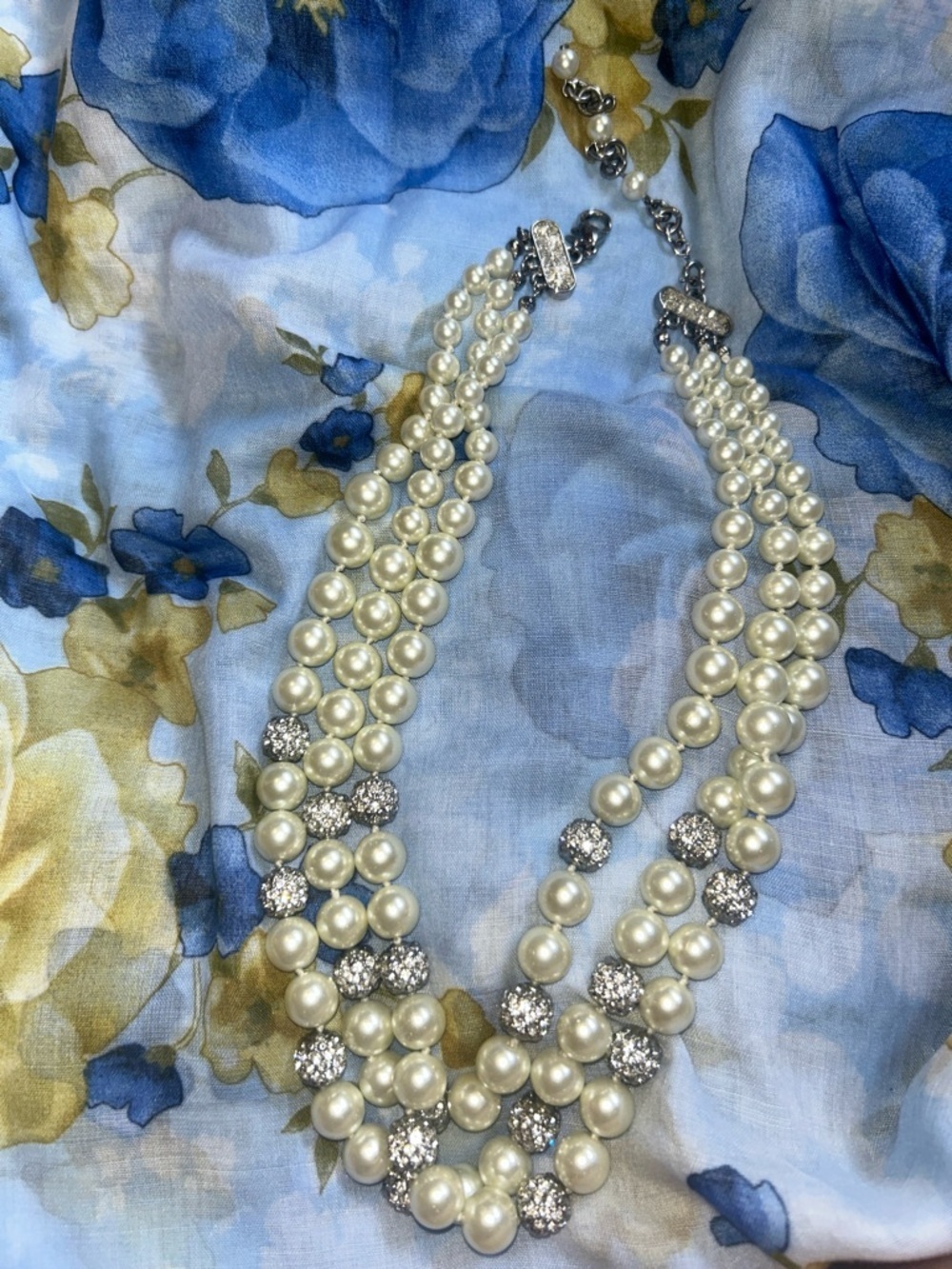 Statement Faux Chunky Pearl Multi Strand Necklace with Crystal Accents Vintage